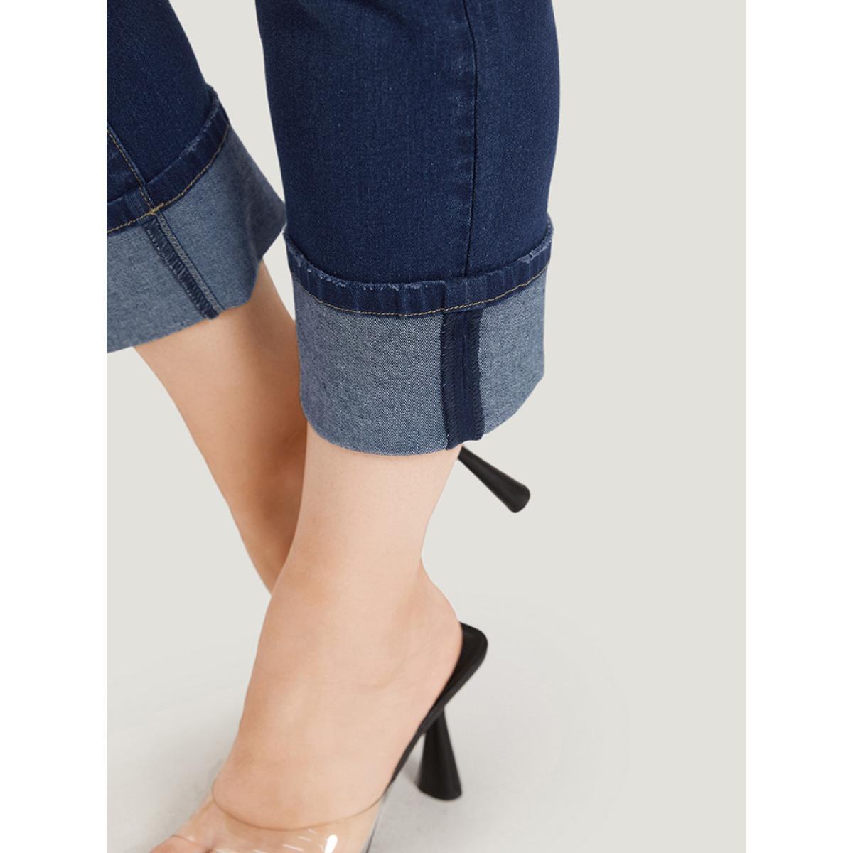 Plus Size Roll Hem High Rise Pocket Very Stretchy Jeans Women DarkBlue Casual Plain Plain High stretch Pocket Jeans BloomChic 10/M Product Image
