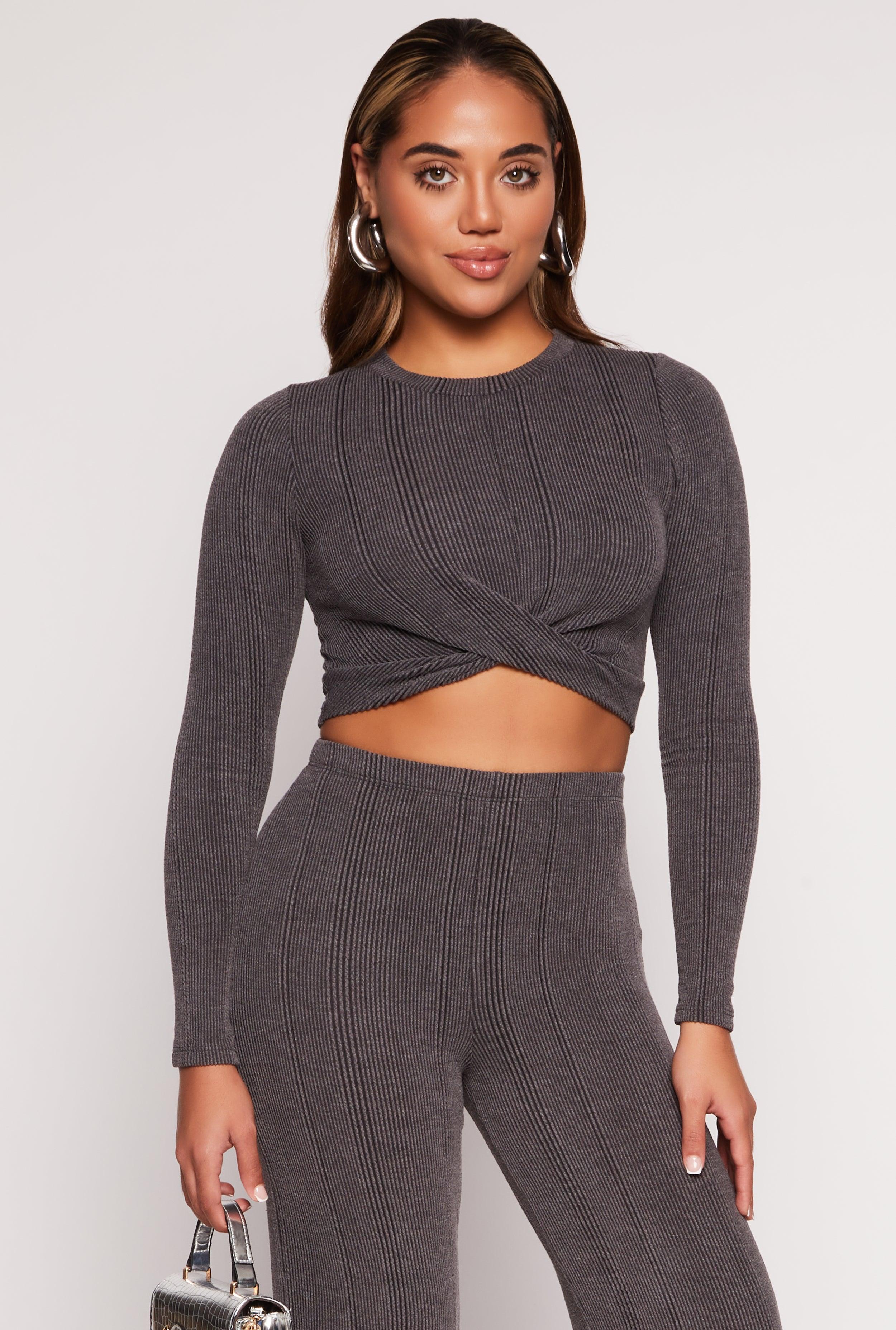 Womens Ribbed Knit Twist Front Long Sleeve Crop Top Product Image