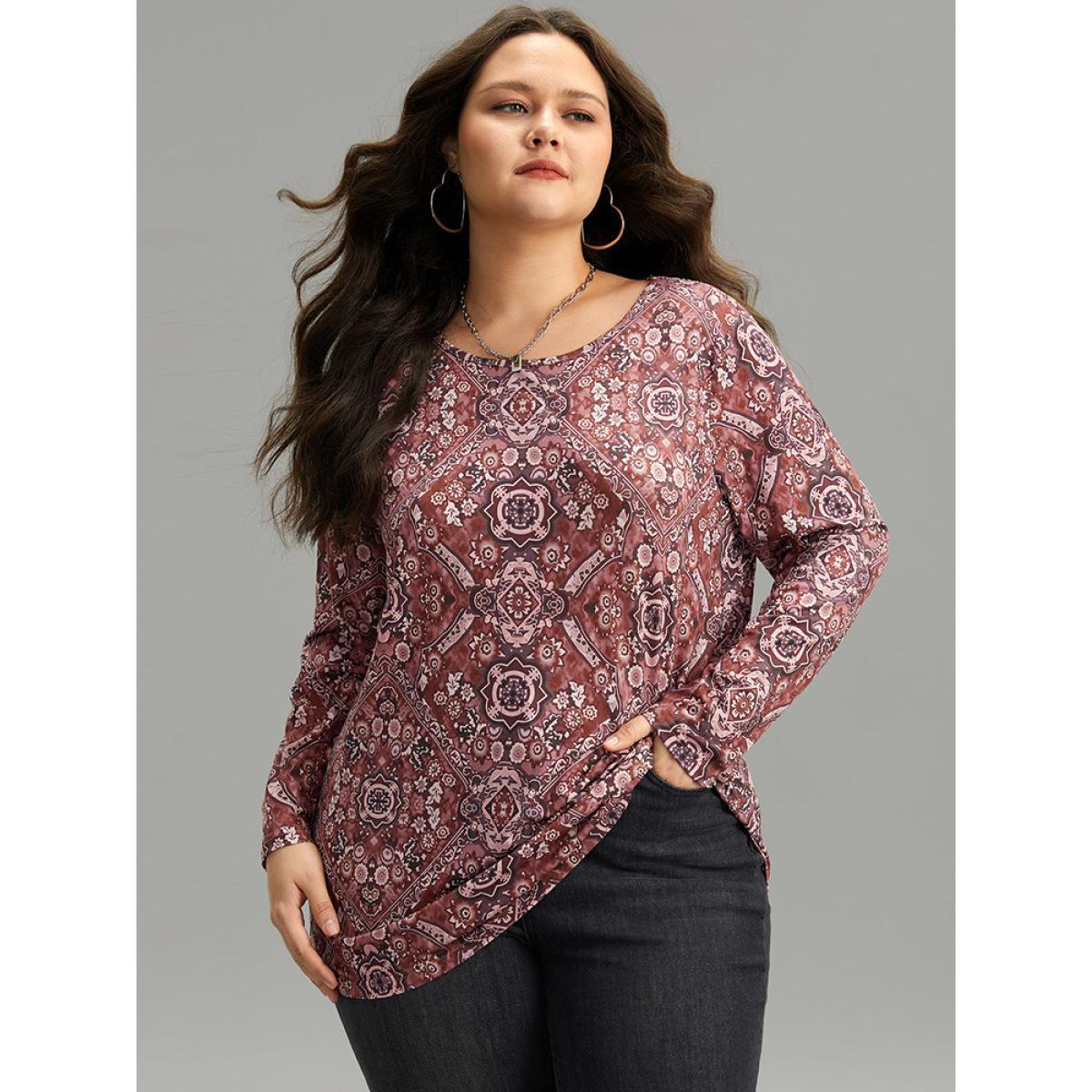 Plus Size Bandana Print Round Neck T-shirt Multicolor Women Casual Printed Bohemian Print Round Neck Dailywear T-shirts BloomChic 14-16/1X Product Image