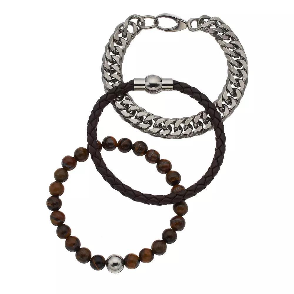 Men's Stainless Steel Lab-Created Tiger's-Eye Beaded, Leather & Curb Chain Bracelet Set, Size: 8" Product Image