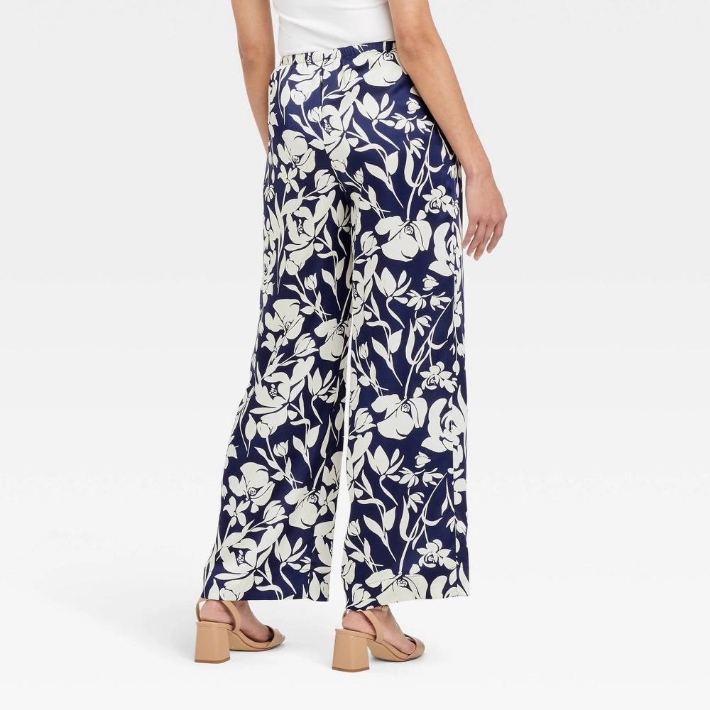 Women's Mid-Rise Pull-On Satin Pants - A New Day™ Navy Blue Floral L: Straight Fit, Wide Leg, Elastic Waistband Product Image