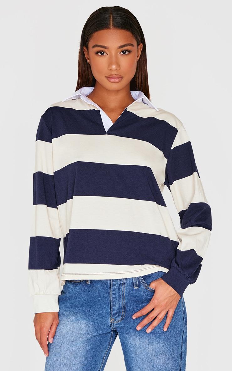 Navy Striped Collar Detail Long Sleeve T Shirt Product Image