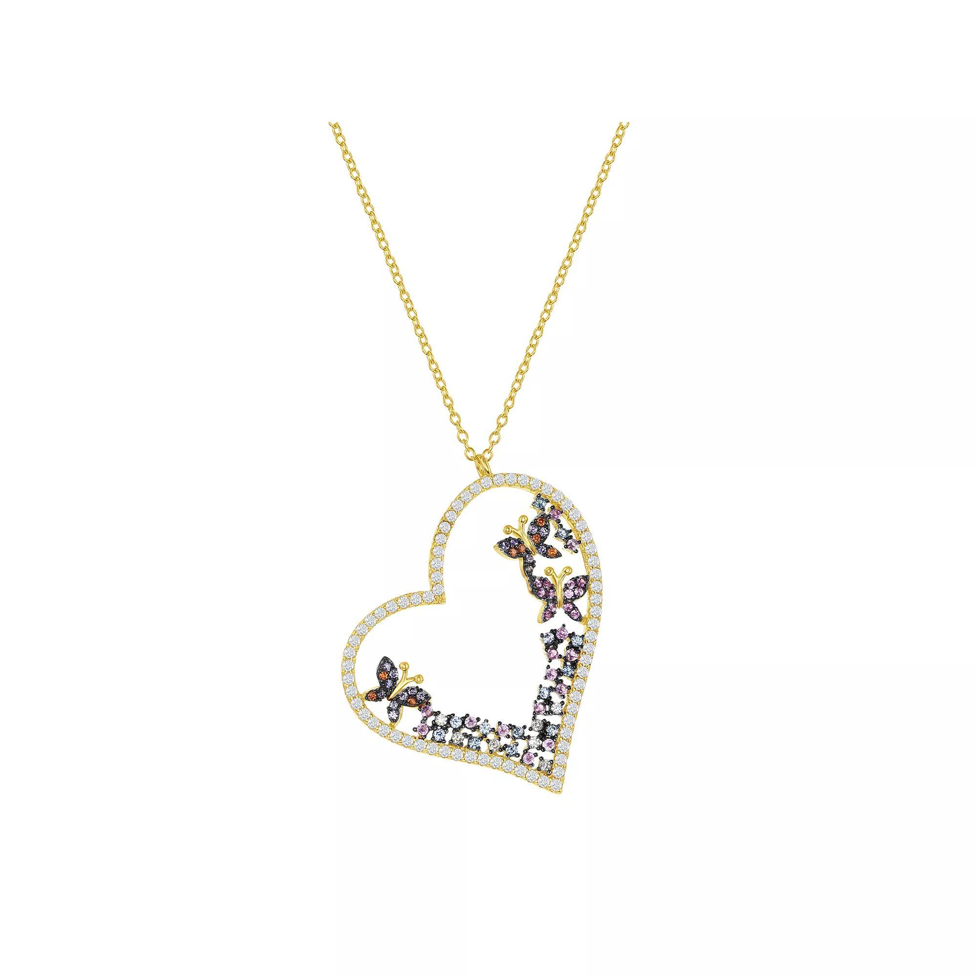 Sterling Silver Cubic Zirconia Heart & Butterflies Necklace, Women's, Size: 16-18" ADJ, Gold Tone Product Image