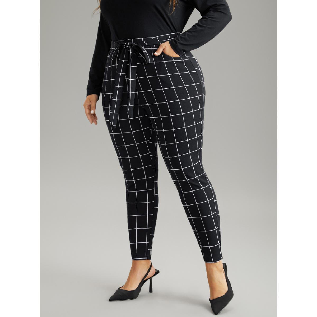 Plus Size Plaid Elastic Waist Ties Bodycon Pants Women Black Elegant Bodycon High Rise Dailywear Pants BloomChic 26/4X Product Image