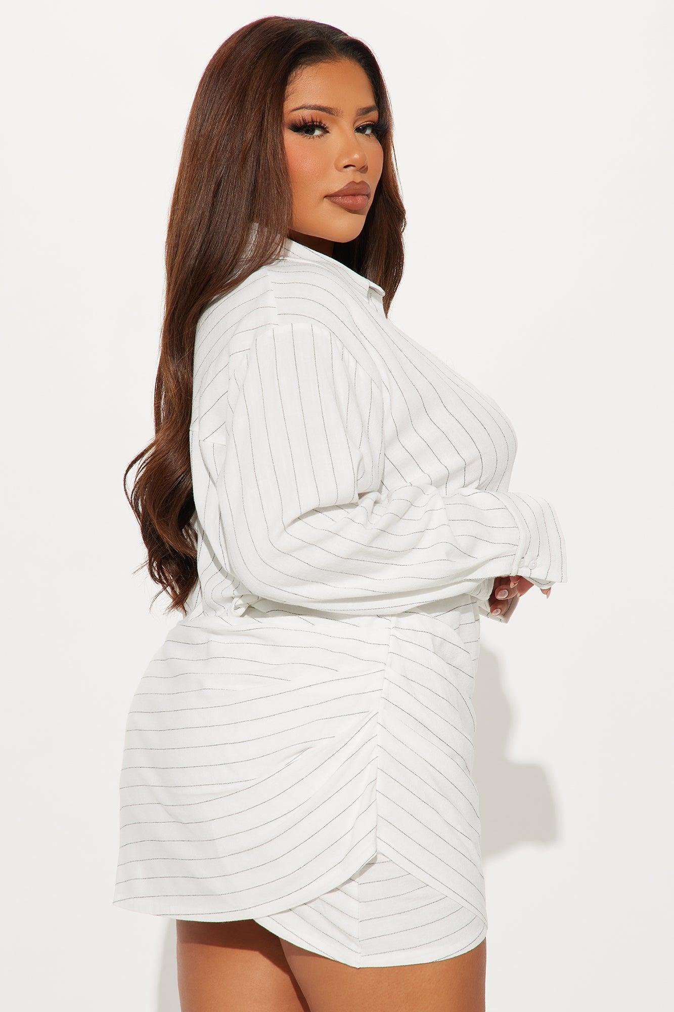 Call My Line Pinstripe Mini Shirt Dress - White Product Image