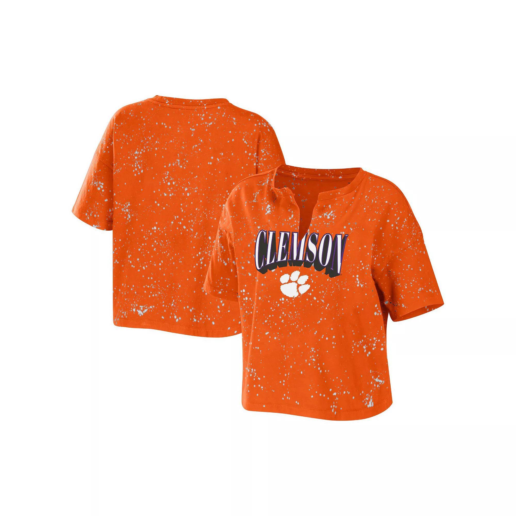 Women's WEAR by Erin Andrews Orange Clemson Tigers Bleach Wash Splatter Cropped Notch Neck T-Shirt, Size: XL Product Image