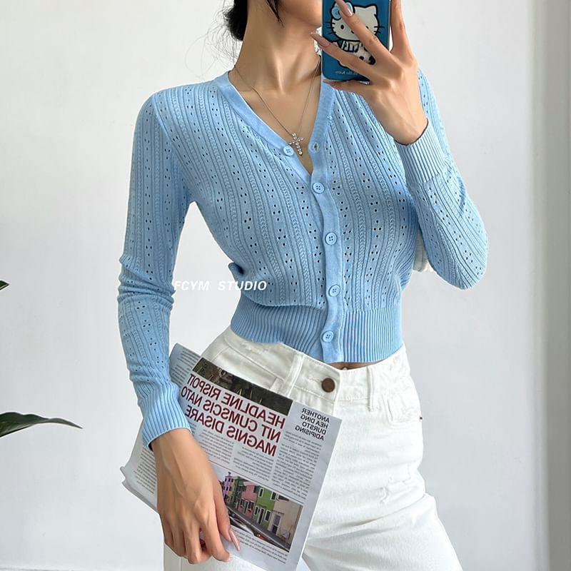 V-Neck Plain Pointelle Cardigan Product Image