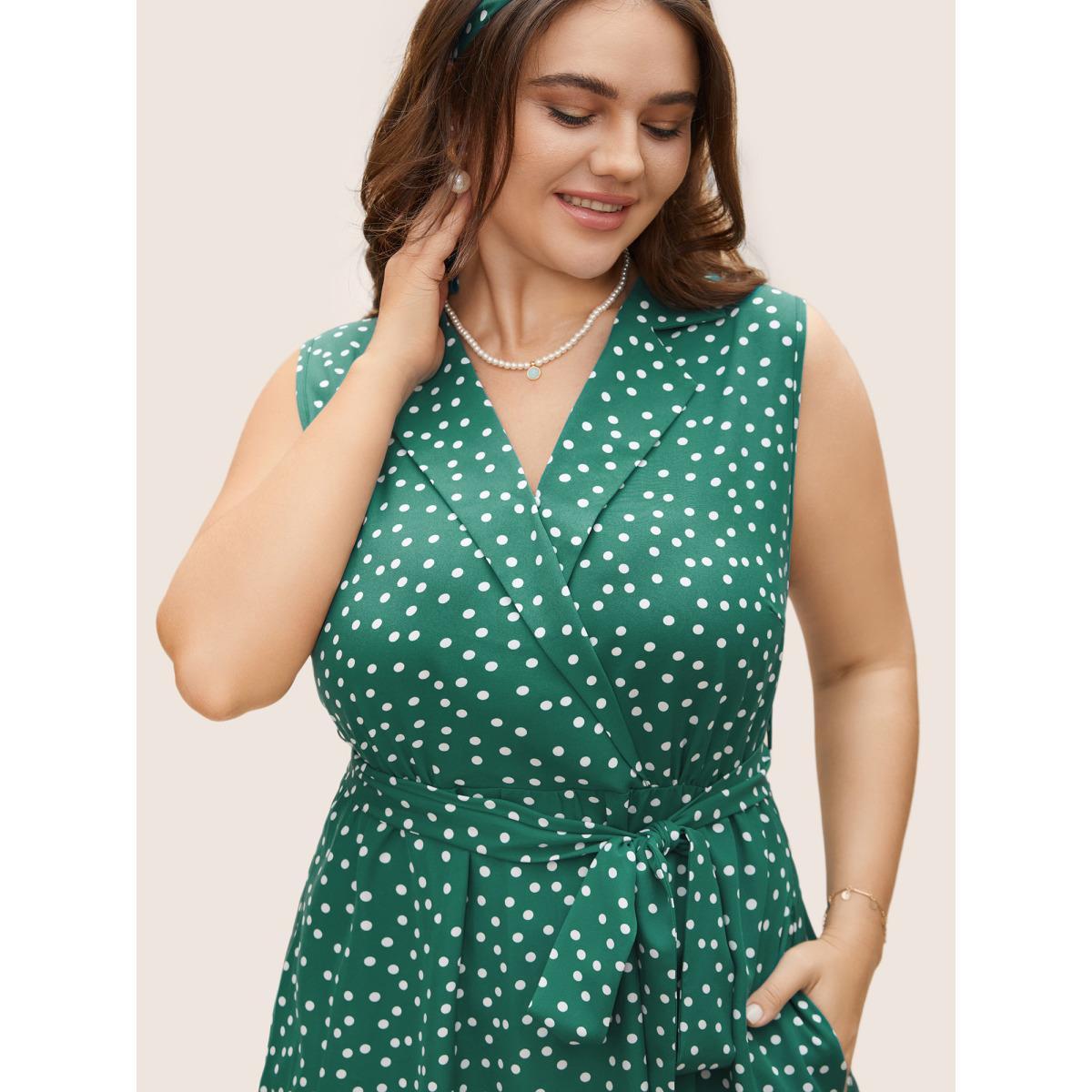 Plus Size Collared Polka Dot Dress Teal Women Elegant Belted Suit Collar Sleeveless Curvy BloomChic 26/4X Product Image