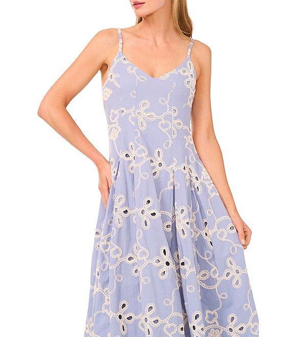 CeCe Woven V-Neck Sleeveless Embroidered Maxi A-Line Dress Product Image