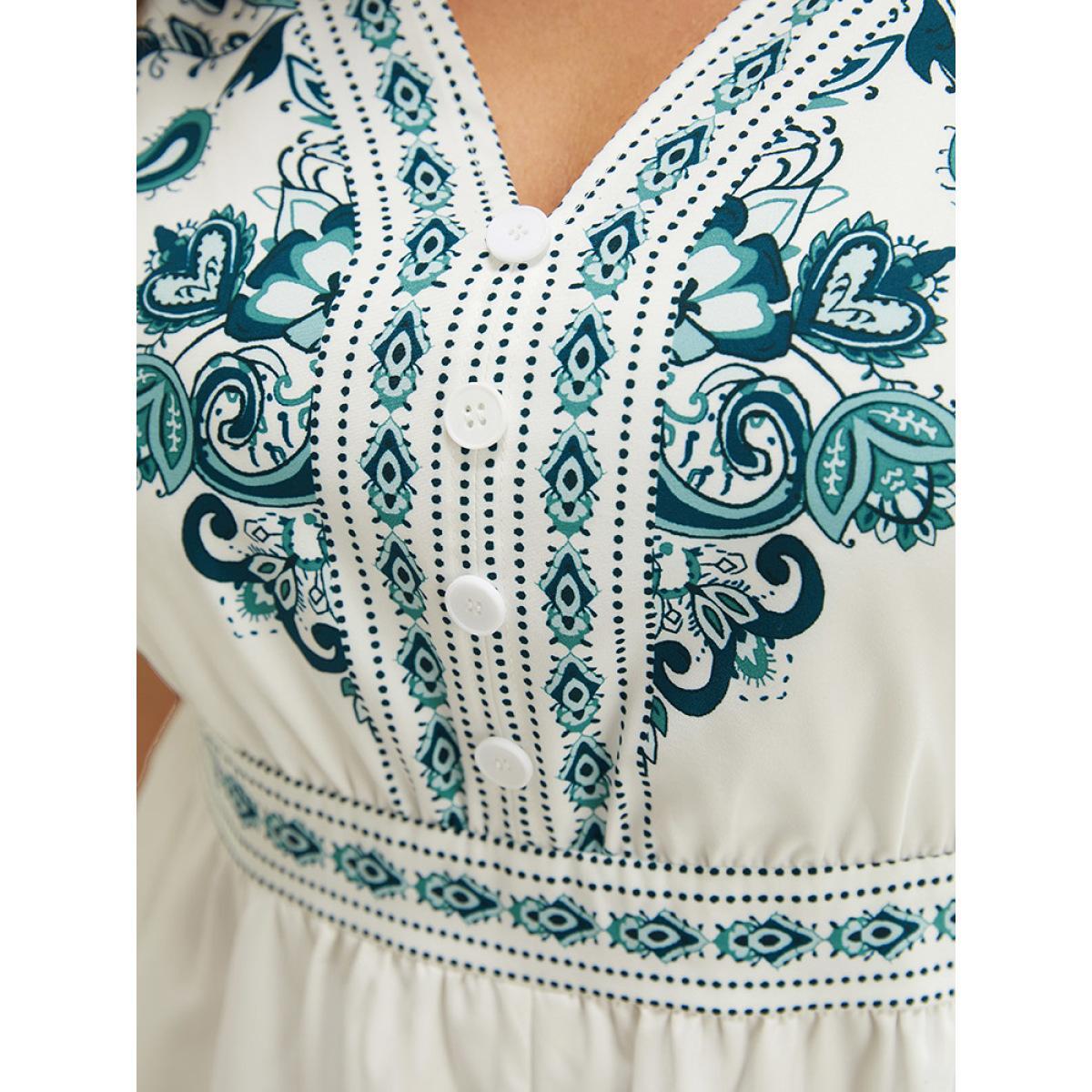 Plus Size Emerald Bandana Print Ruffle Sleeve Pocket Button Detail Romper Women Vacation Short sleeve V-neck Dailywear Loose Jumpsuits BloomChic 10/M Product Image