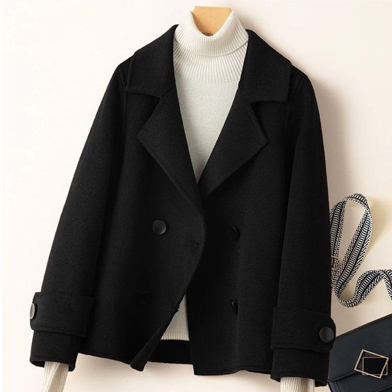 Collared Plain Double Breasted Short Coat Product Image