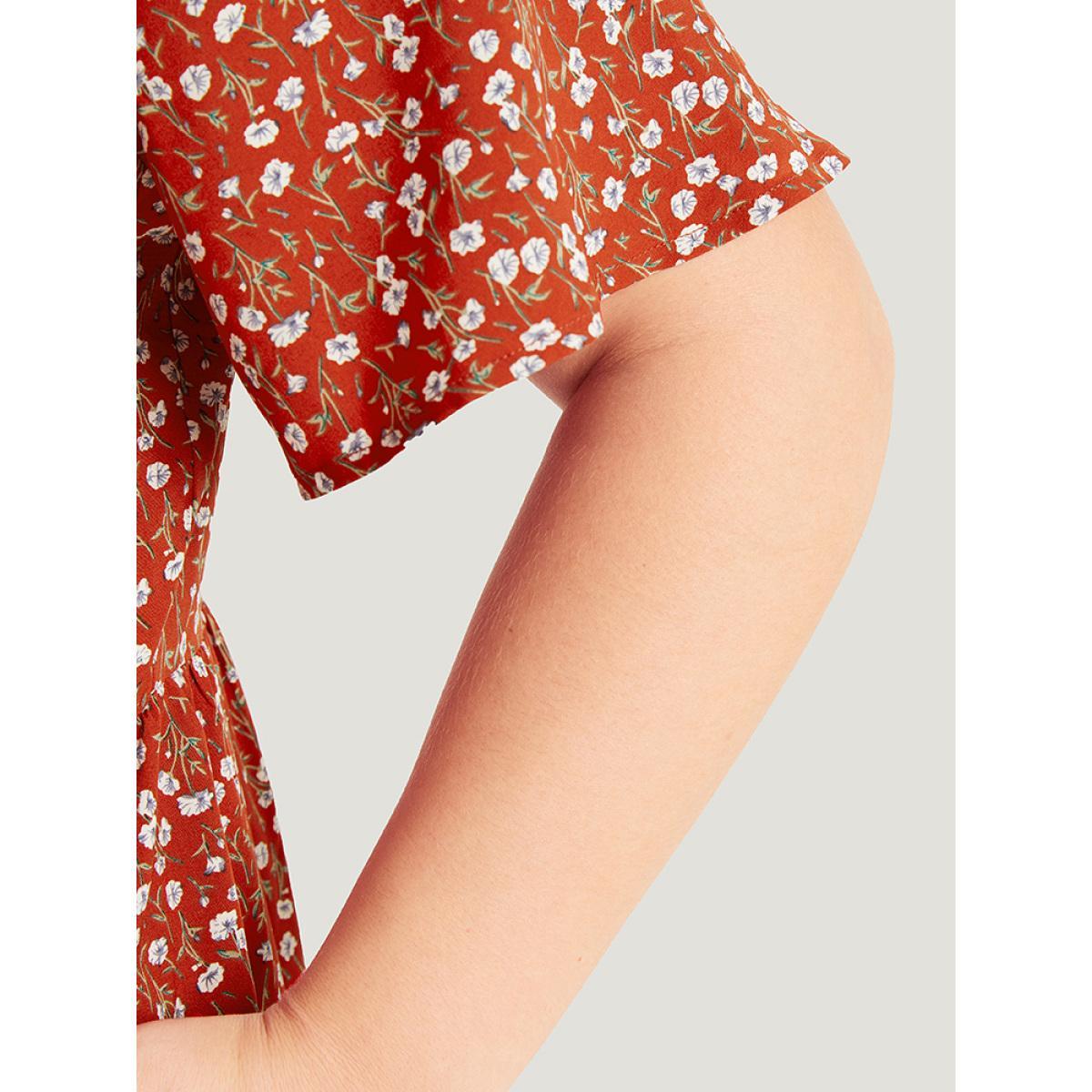 Plus Size Ditsy Floral Pocket Layered Patchwork Crew Neck Dress Russet Women Elegant Printed Round Neck Short sleeve Curvy Midi Dress BloomChic 18-20/2X Product Image