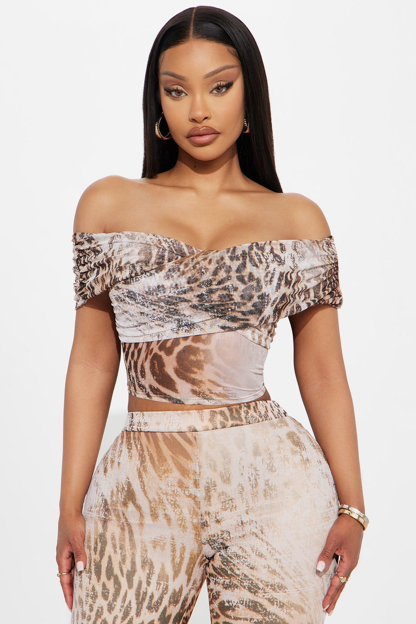 Feline Mesh Leopard Off Shoulder Capri Pant Set - Brown/combo Product Image