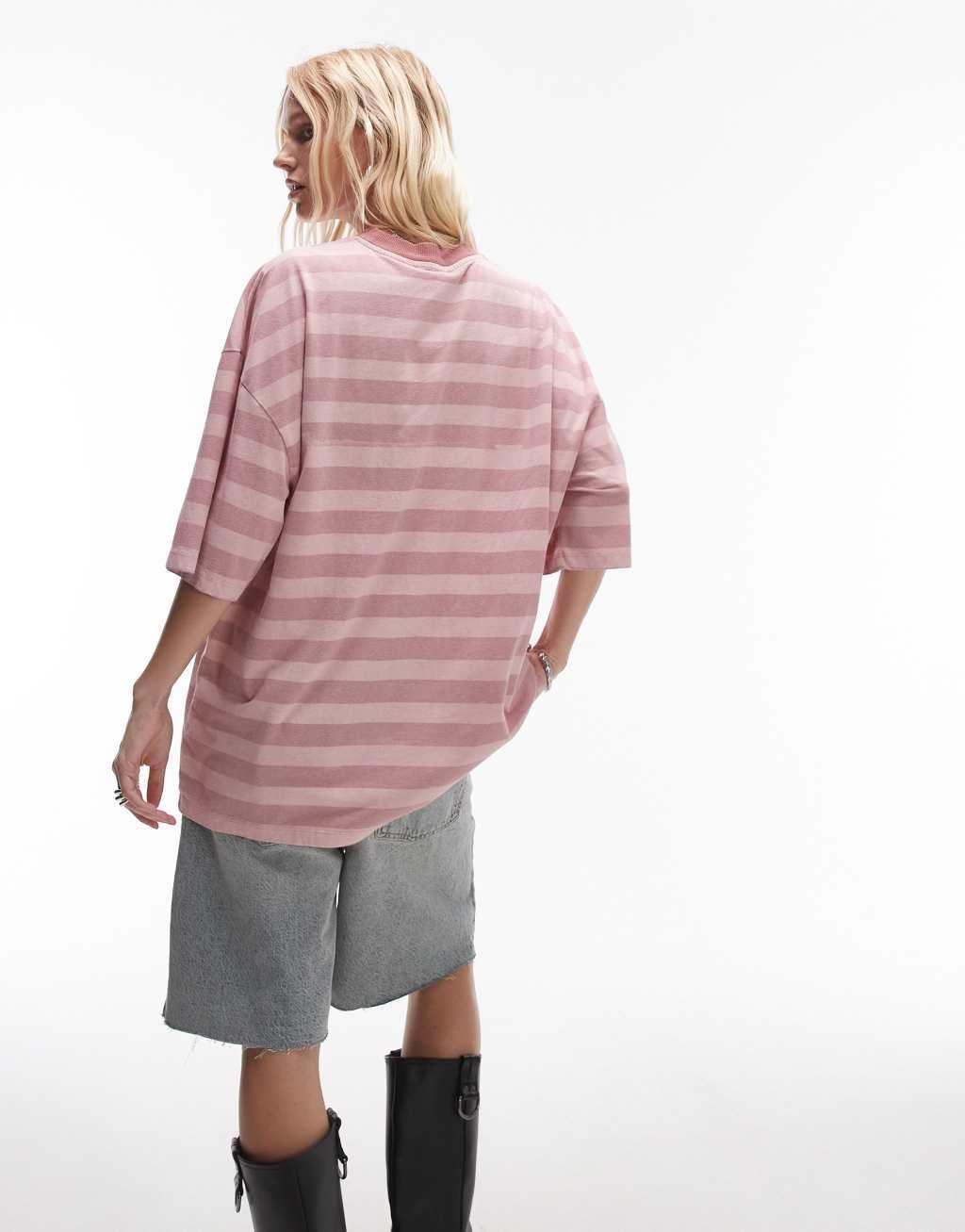 Topshop graphic Silver Lake stripe oversized tee in dusty pink Product Image