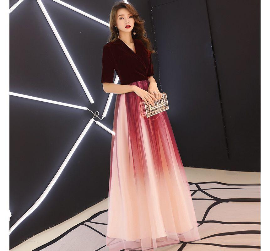 Short-Sleeve V-Neck Ombre A-Line Evening Gown Product Image