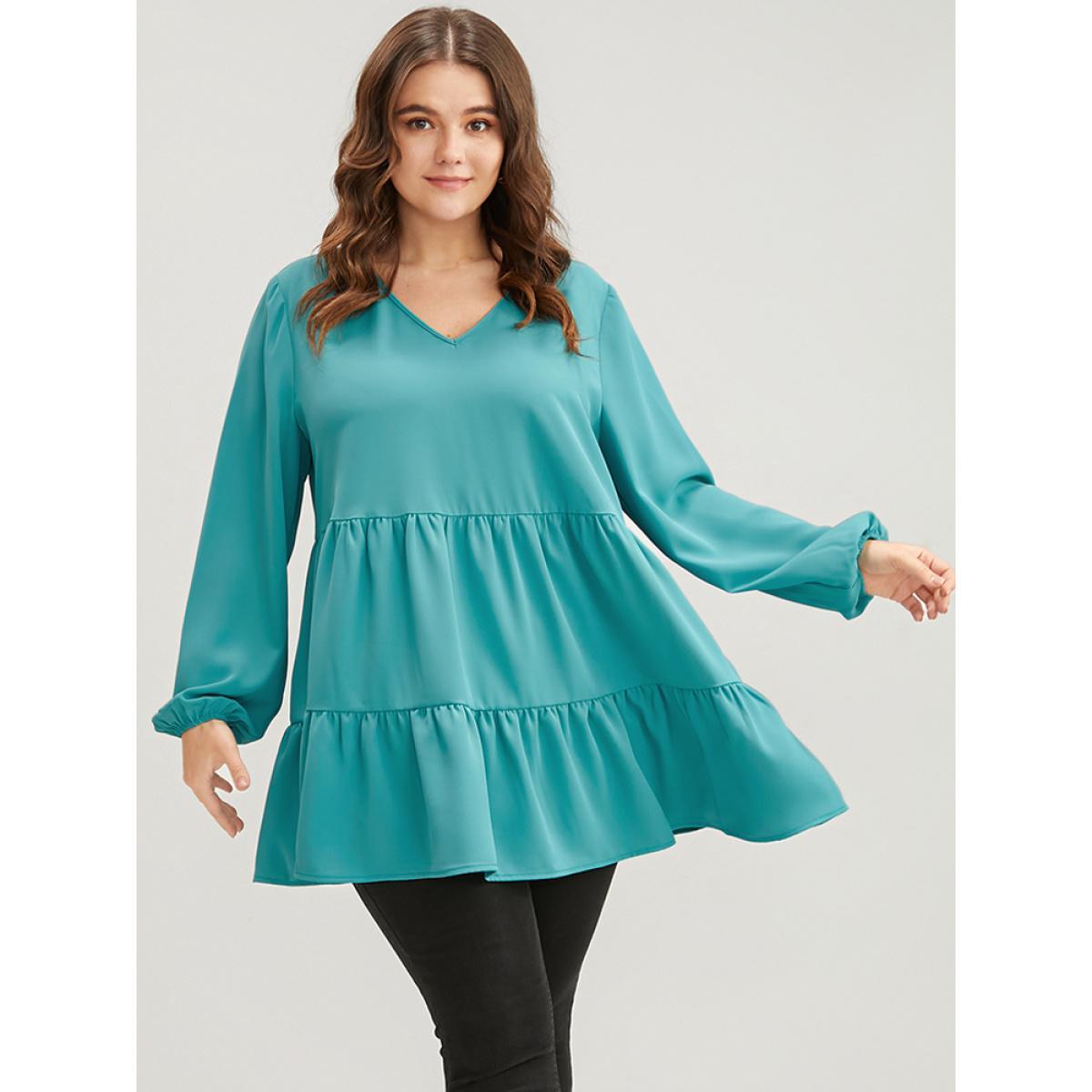 Plus Size Aegean Solid V Neck Lantern Sleeve Ruffle Hem Blouse Without Belt Women Elegant Long Sleeve V-neck Dailywear Blouses BloomChic 28/5X Product Image