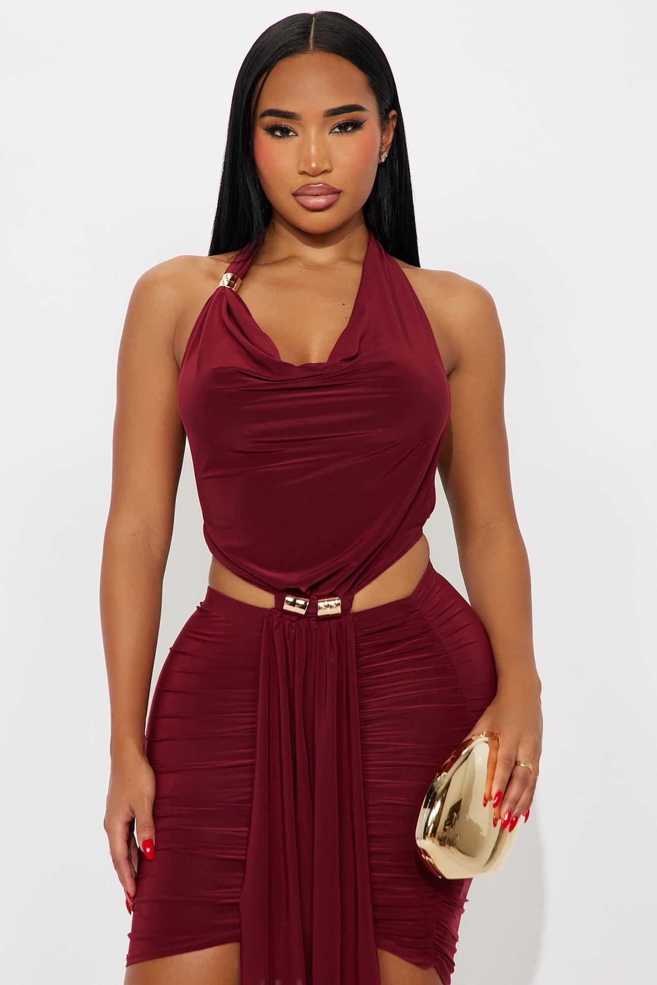 Jolie Ruched Halter Mini Dress - Burgundy Product Image