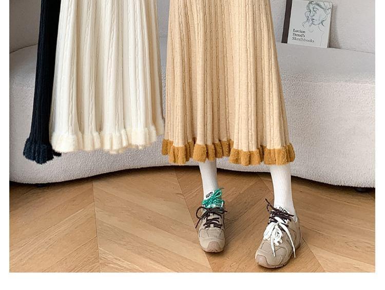 High Waist Ruffle Hem Knit Midi A-Line Skirt Product Image