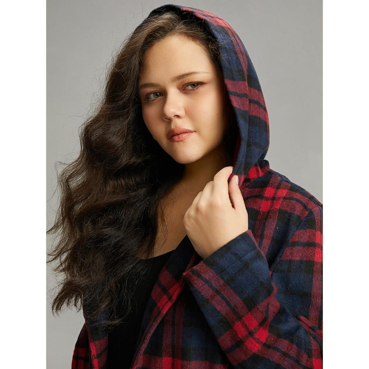 Plus Size Plaid Button Through Pocket Hooded Coat Women Indigo Casual Contrast Ladies Everyday Winter Coats BloomChic 12/L Product Image