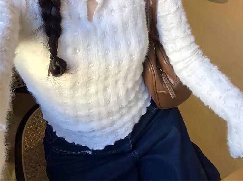 Long-Sleeve Frog Buttoned Plain Knit Top Product Image