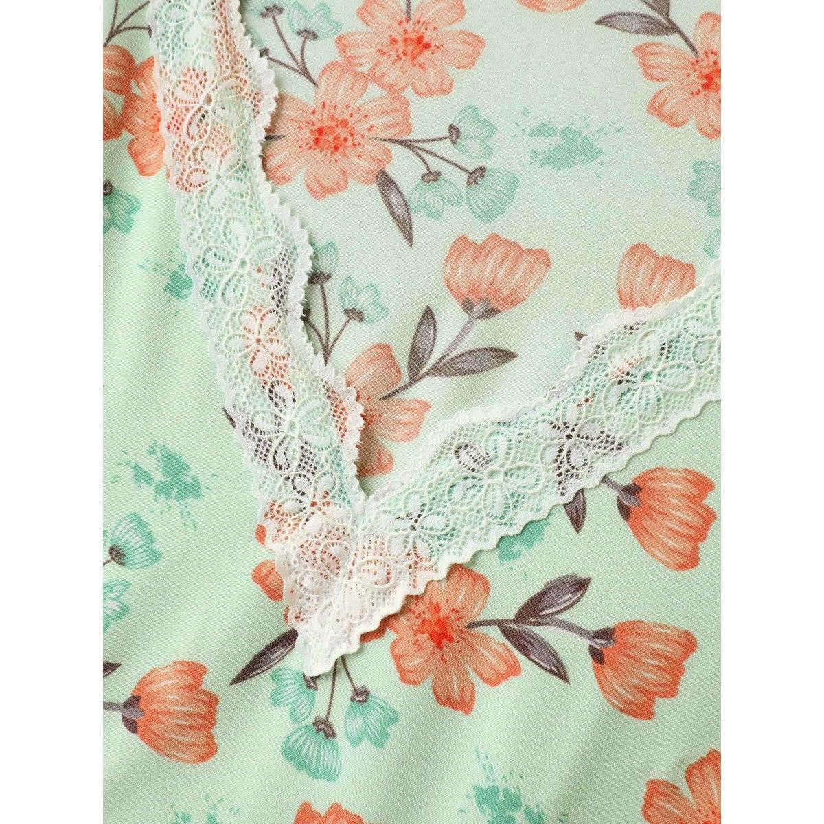 Plus Size Breezy Floral Print Lace Trim Midi Dress LightGreen Women V-neck Sleeveless Curvy BloomChic 18-20/2X Product Image