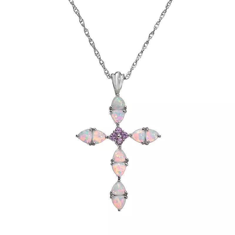 Lab-Created Opal & Lab-Created Pink Sapphire Sterling Silver Cross Pendant Necklace, Women's, Size: 18" Product Image