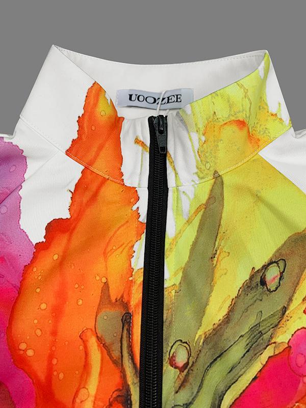 Loose Puff Sleeves Asymmetric Floral Printed Split-Joint High Neck Outerwear Product Image