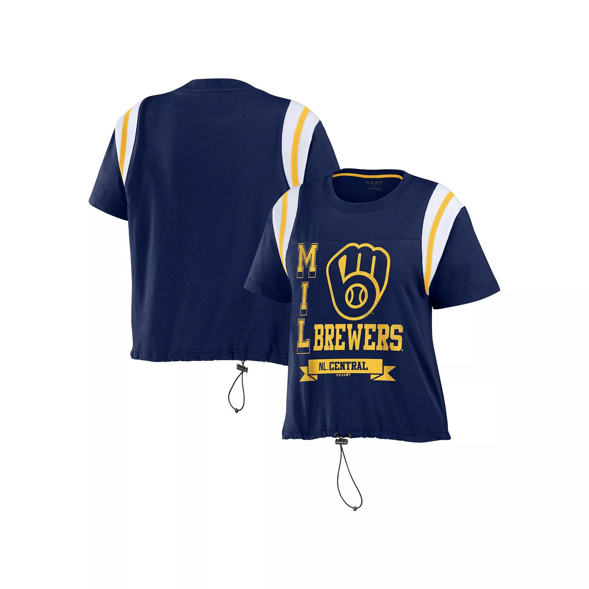 Women's WEAR by Erin Andrews Navy Milwaukee Brewers Cinched Colorblock T-Shirt, Size: Medium, Blue Product Image