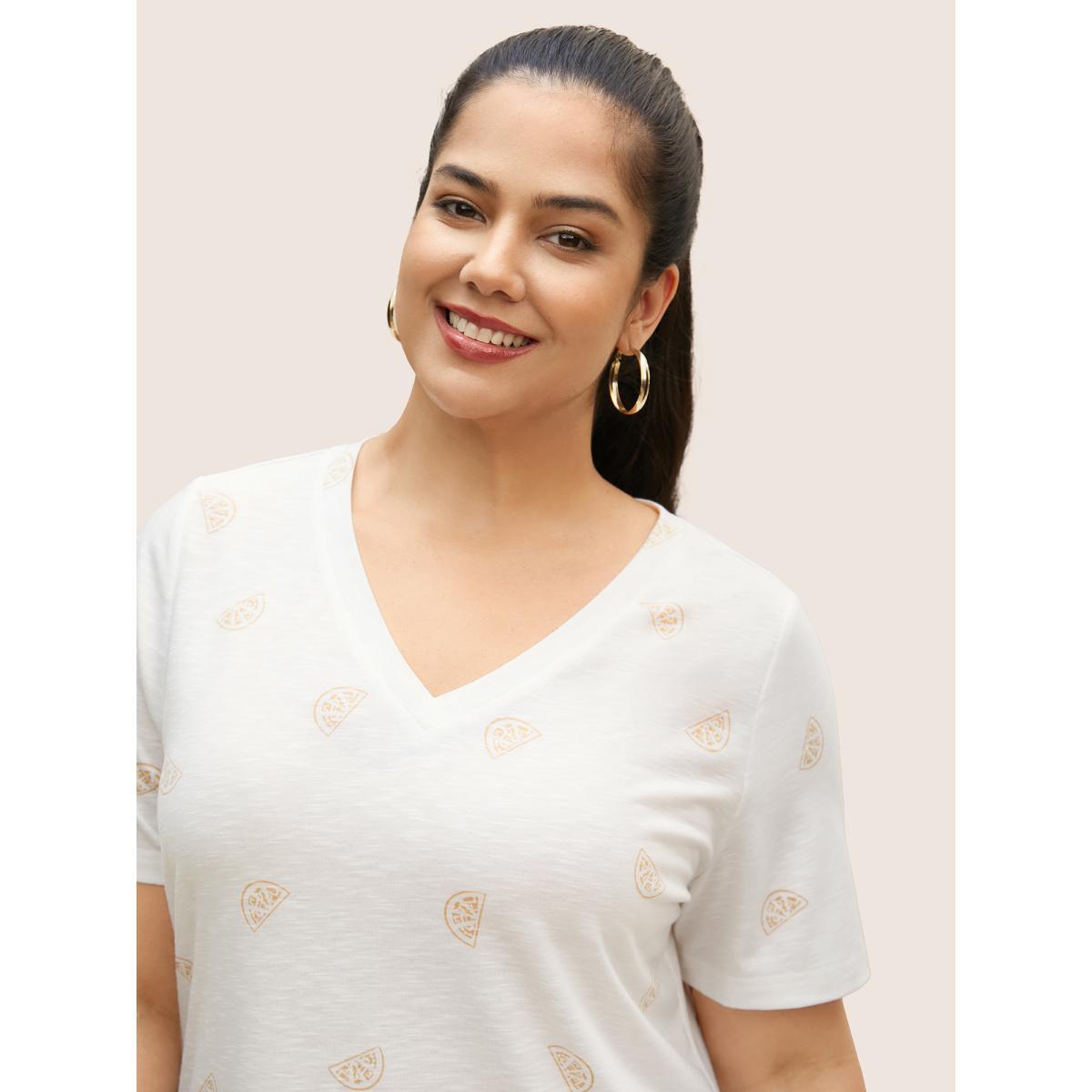 Plus Size Lemon Print V Neck T-shirt Originalwhite Women Casual Contrast Fruit V-neck Everyday T-shirts BloomChic 12/L Product Image