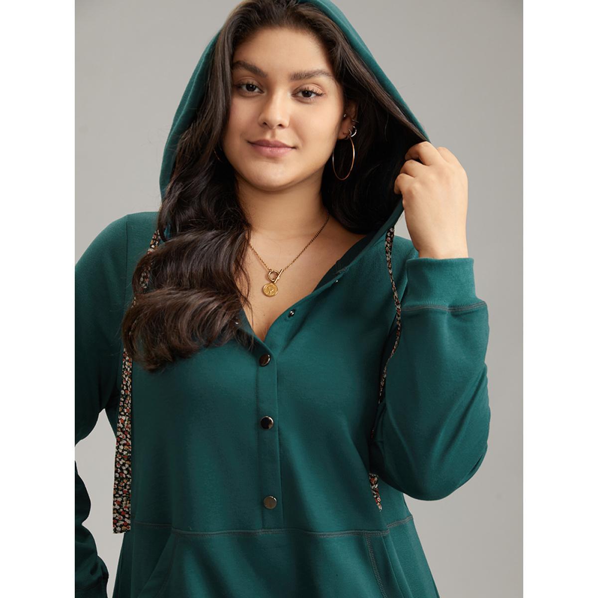 Plus Size Ditsy Floral Ties Hooded Kangaroo Pocket Sweatshirt Women Cyan Casual Contrast Hooded Dailywear Sweatshirts BloomChic 18-20/2X Product Image