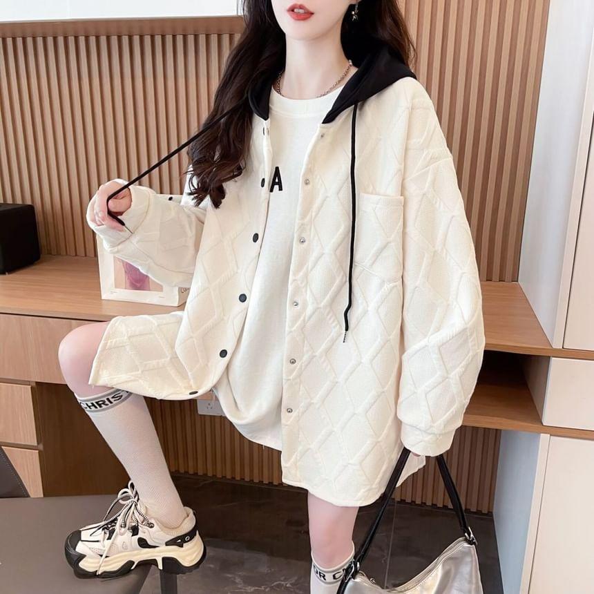 Two Tone Drawstring Hooded Button Jacket Product Image
