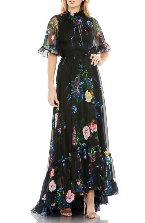 Womens Floral High-Neck Flutter-Sleeve Gown Product Image
