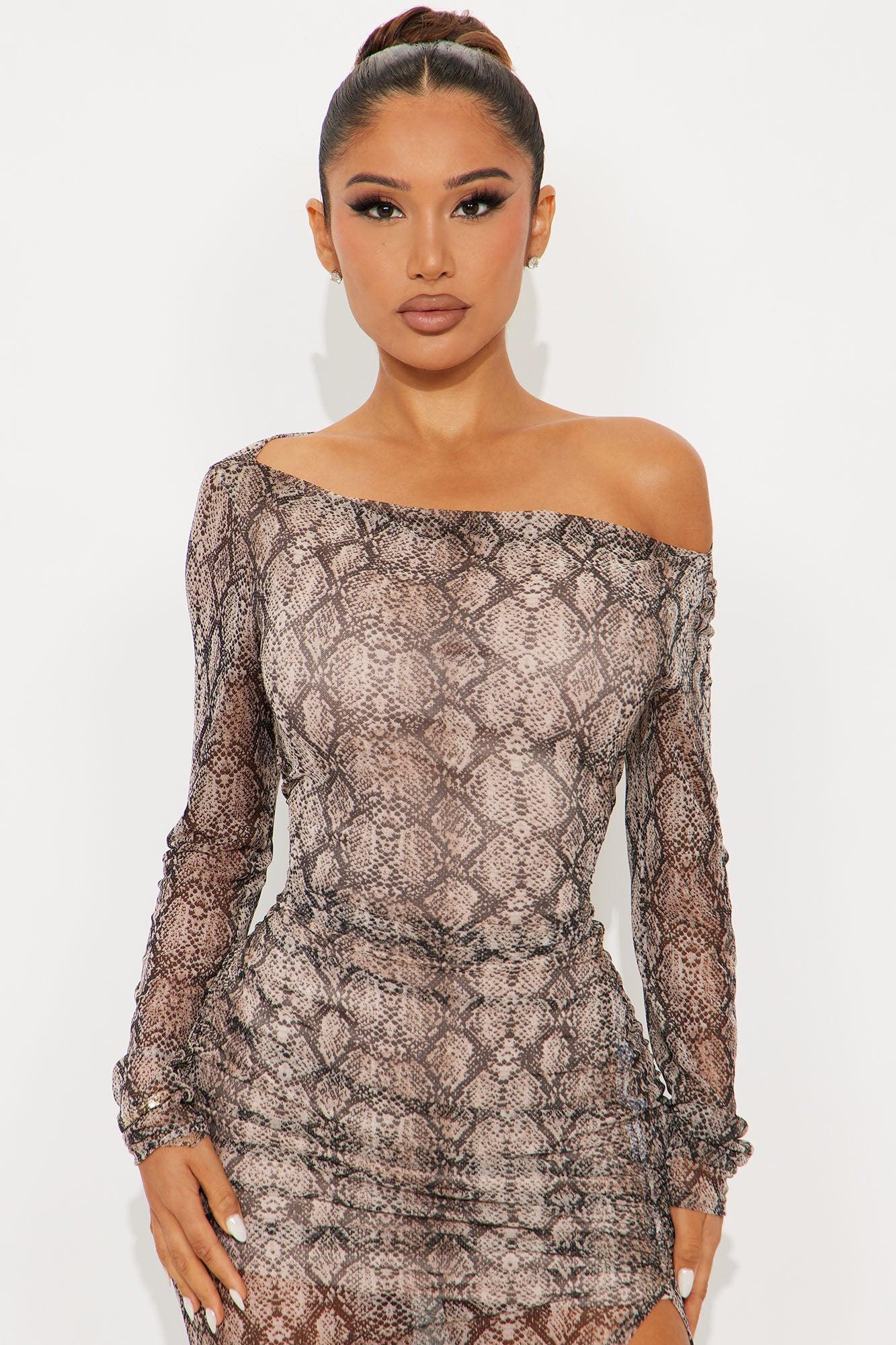 Roya Ruched Mesh Midi Dress - Brown/combo Product Image