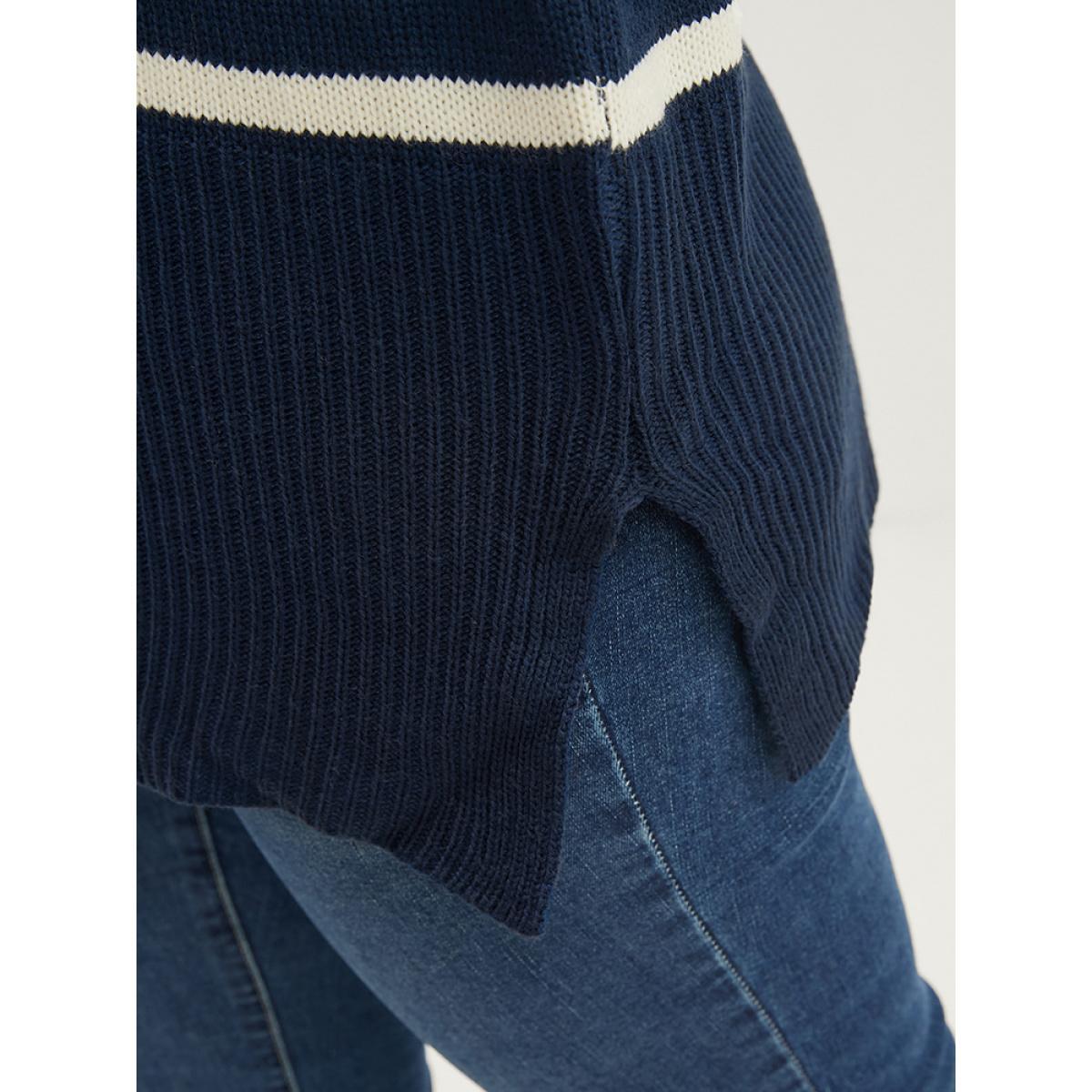 Plus Size Striped Contrast Pointelle Knit Split Hem Mock Neck Knit Top DarkBlue Women Casual Loose Long Sleeve Mock Neck Dailywear Pullovers BloomChic 12/L Product Image