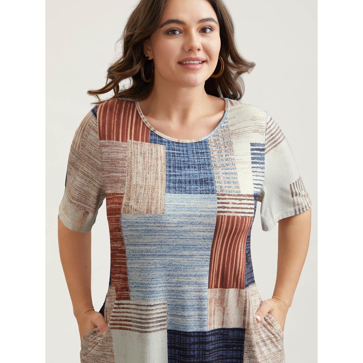 Plus Size Abstract Print Round Neck Flared Midi Dress Multicolor Women Casual Non Knit Dresses Bloomchic 14-16/1X Product Image