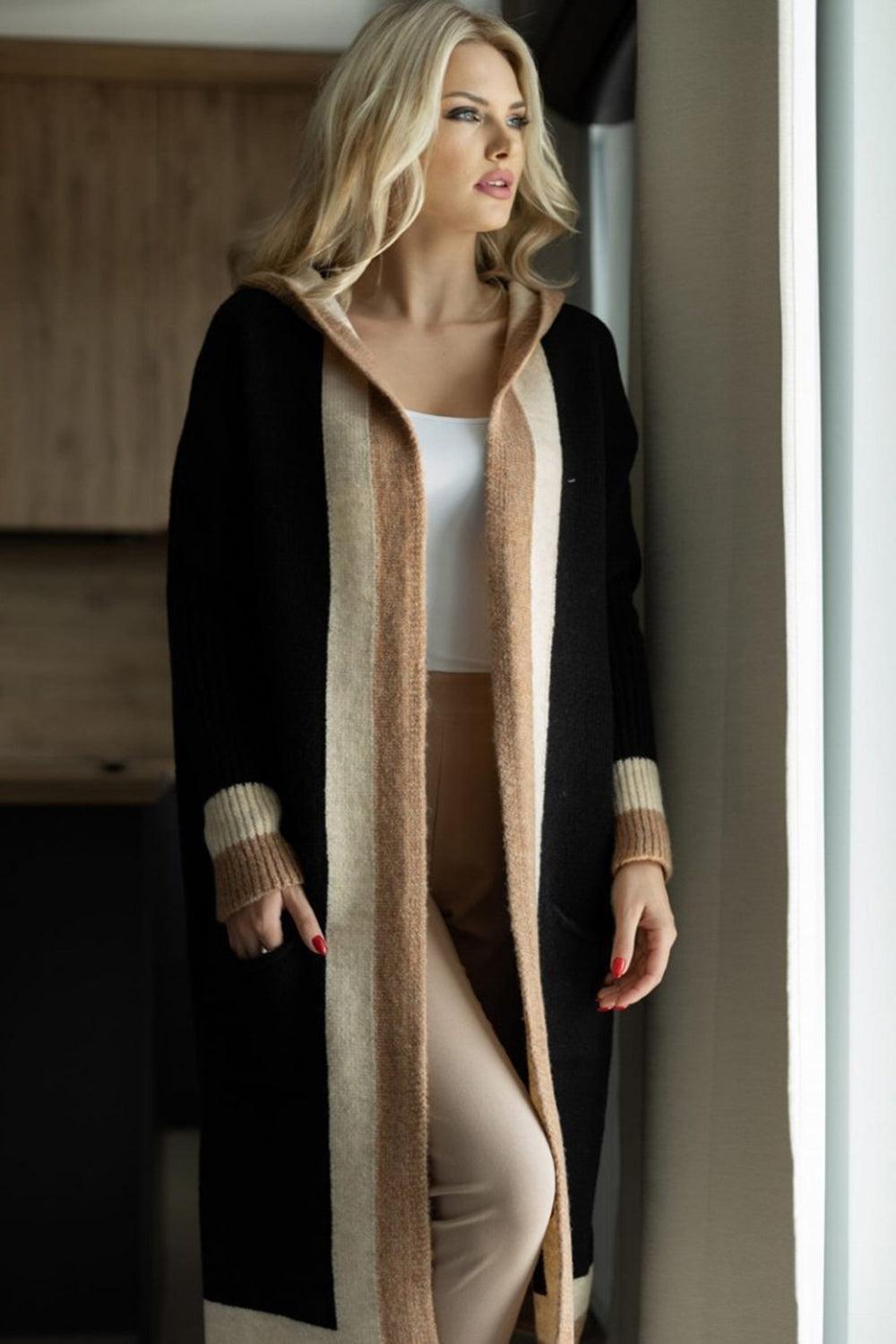 Pocketed Contrast Long Sleeve Hooded Cardigan Product Image
