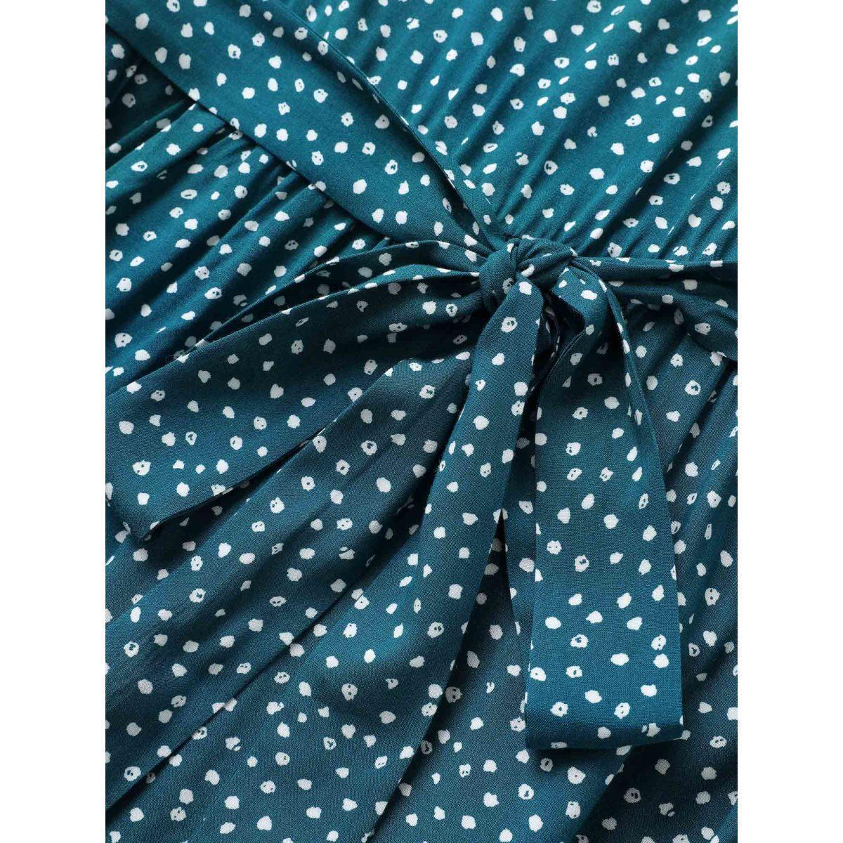 Plus Size Polka Dot Belted Flutter Sleeve Crew Neck Dress Teal Women Elegant Non Round Neck Short sleeve Curvy Midi Dress BloomChic 10/M Product Image