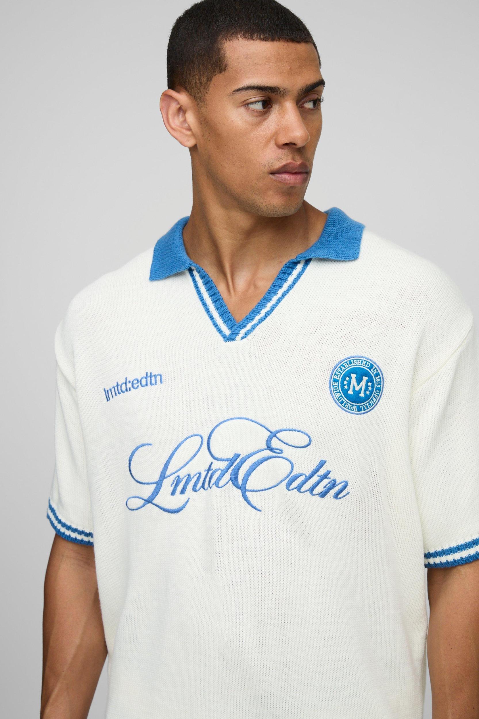 Oversized V Neck Limited Edition Short Sleeve Knitted Polo | boohooMAN USA Product Image