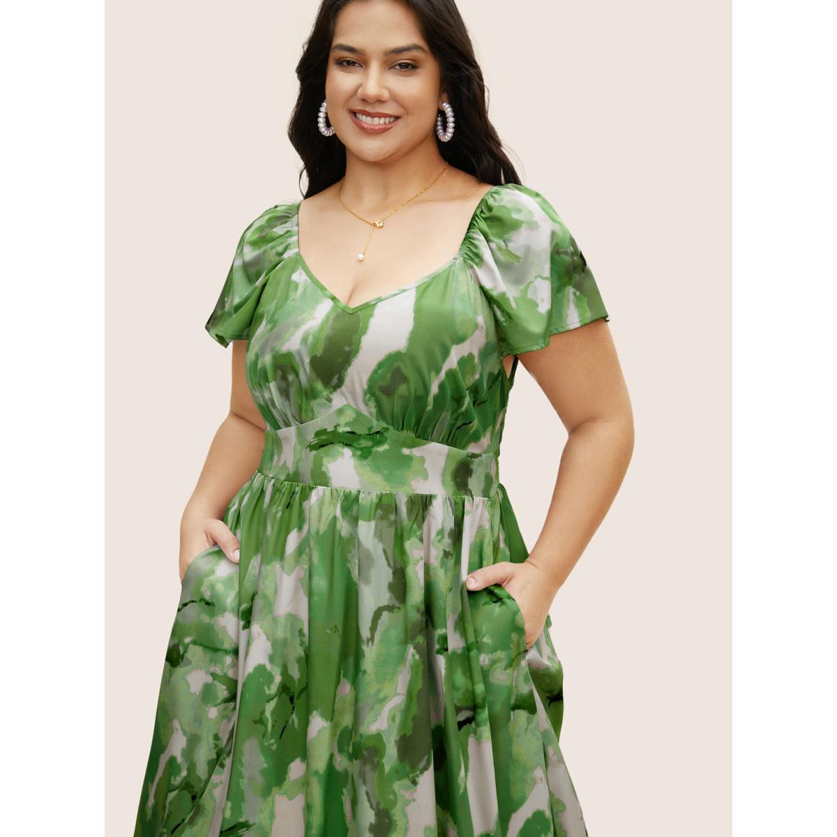 Plus Size Watercolor Floral Ruffles Shirred Gathered Dress Truegreen Women Elegant Gathered Heart neckline Cap Sleeve Curvy BloomChic 14-16/1X Product Image