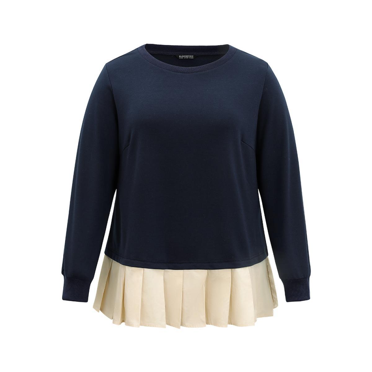 Plus Size 2-In-1 Two Tone Pleated Hem Sweatshirt Women Navy Casual Rib Knit Round Neck Dailywear Sweatshirts BloomChic 14-16/1X Product Image