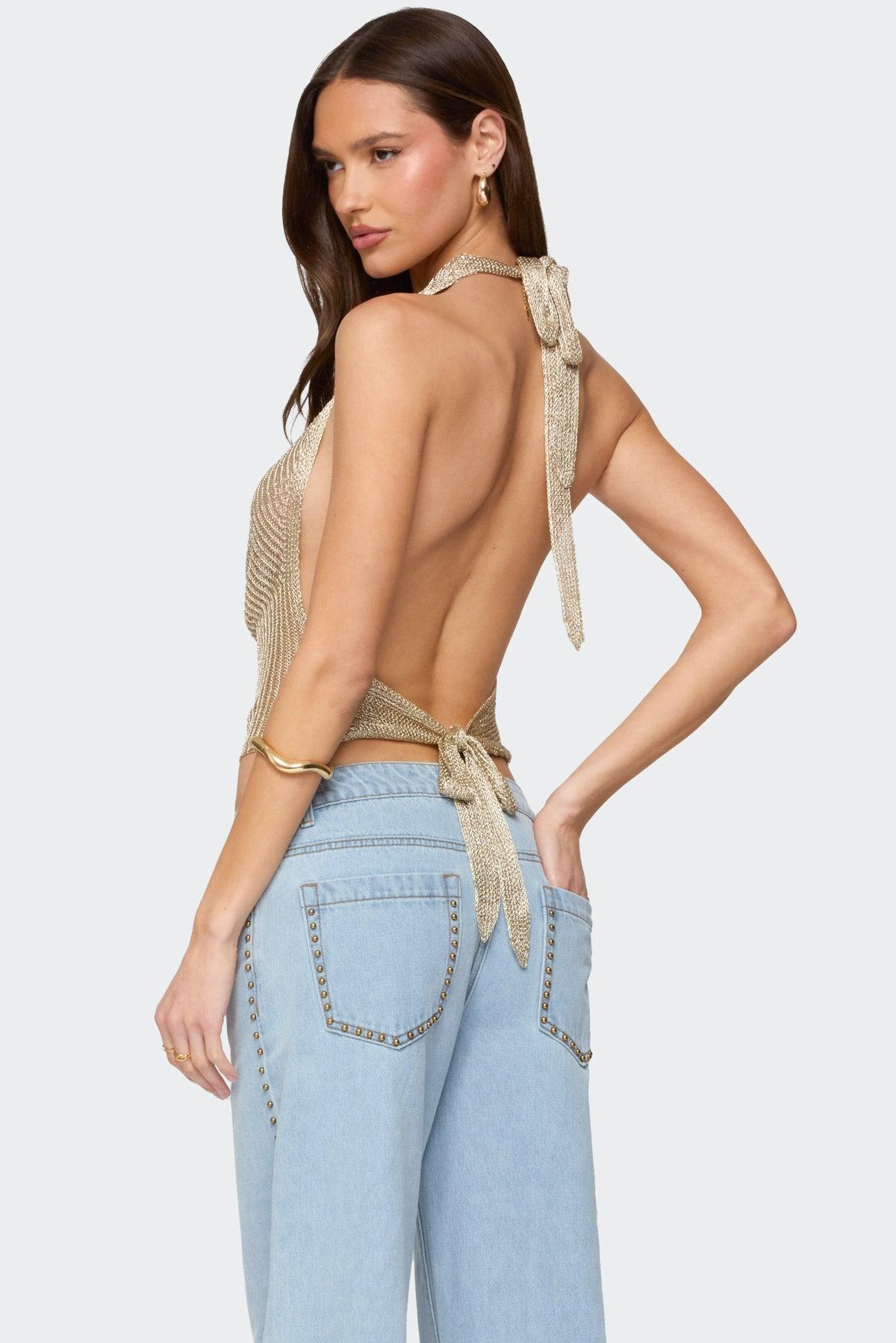 Shiny Knit Cowl Neck Backless Top Product Image
