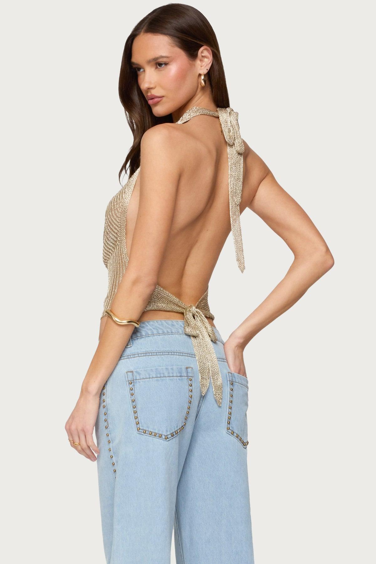 Shiny Knit Cowl Neck Backless Top Product Image