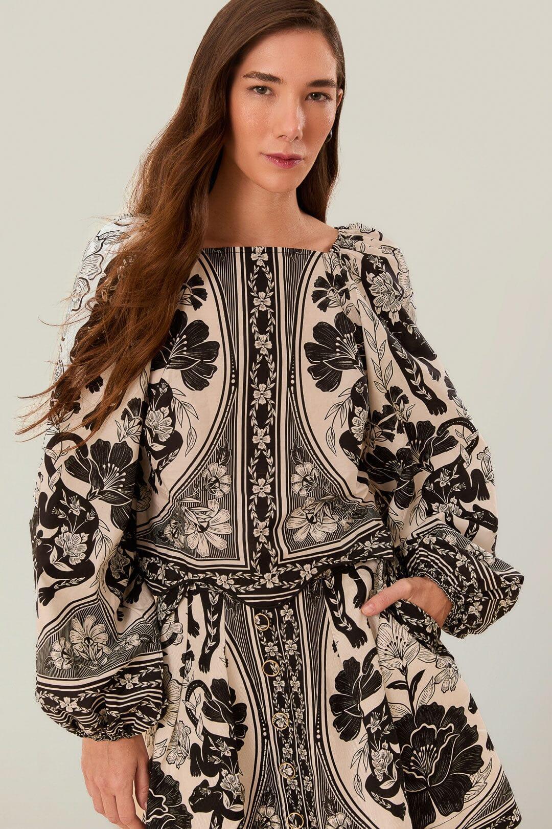 Off-White Flower Leopards Long Sleeve Blouse, FLOWER LEOPARDS OFF-WHITE / XL Product Image