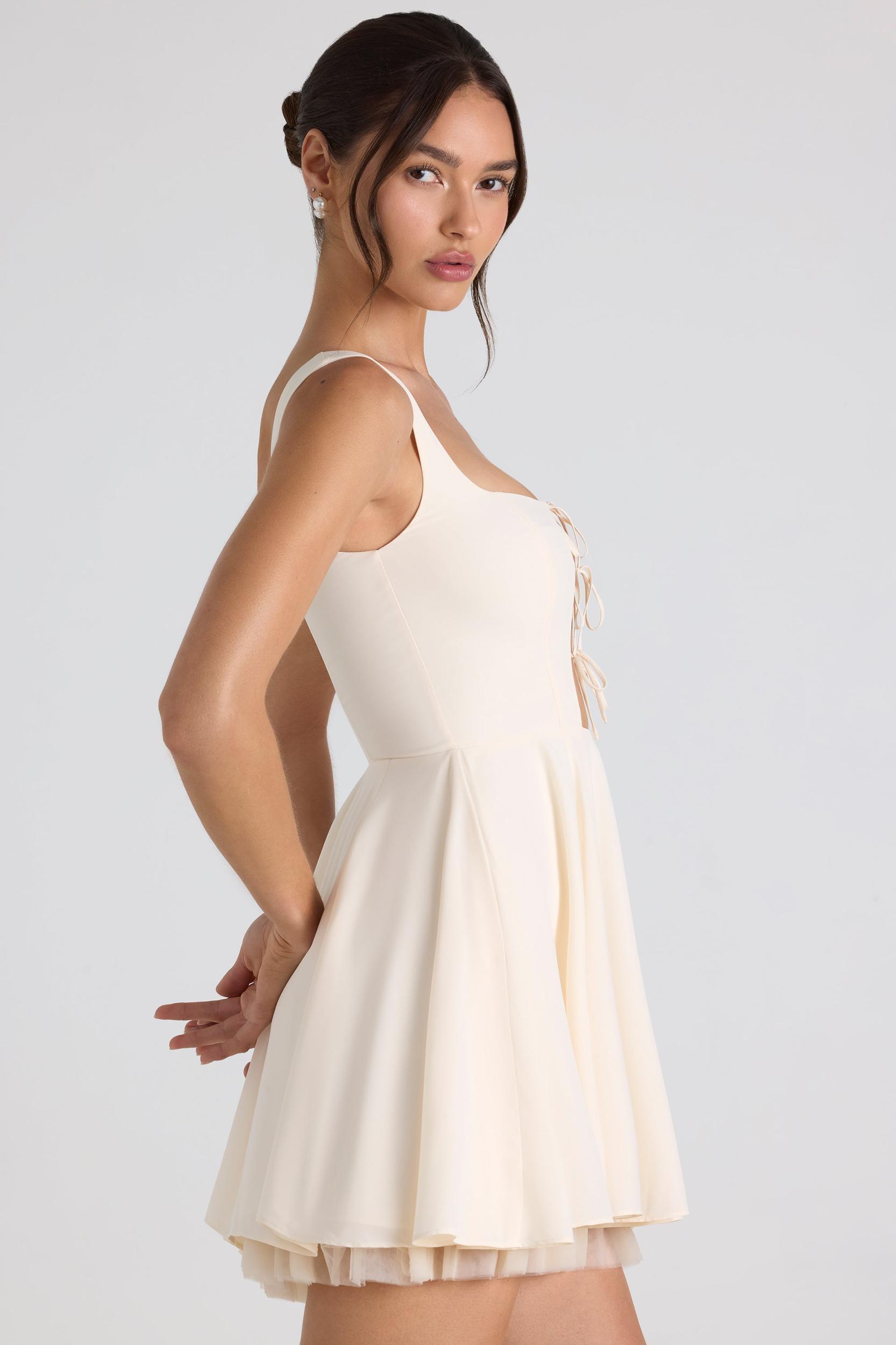 Tie-Detail A-Line Micro Mini Dress in Ivory Product Image