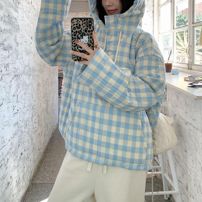 Gingham Drawstring Half-Buttoned Hoodie Product Image