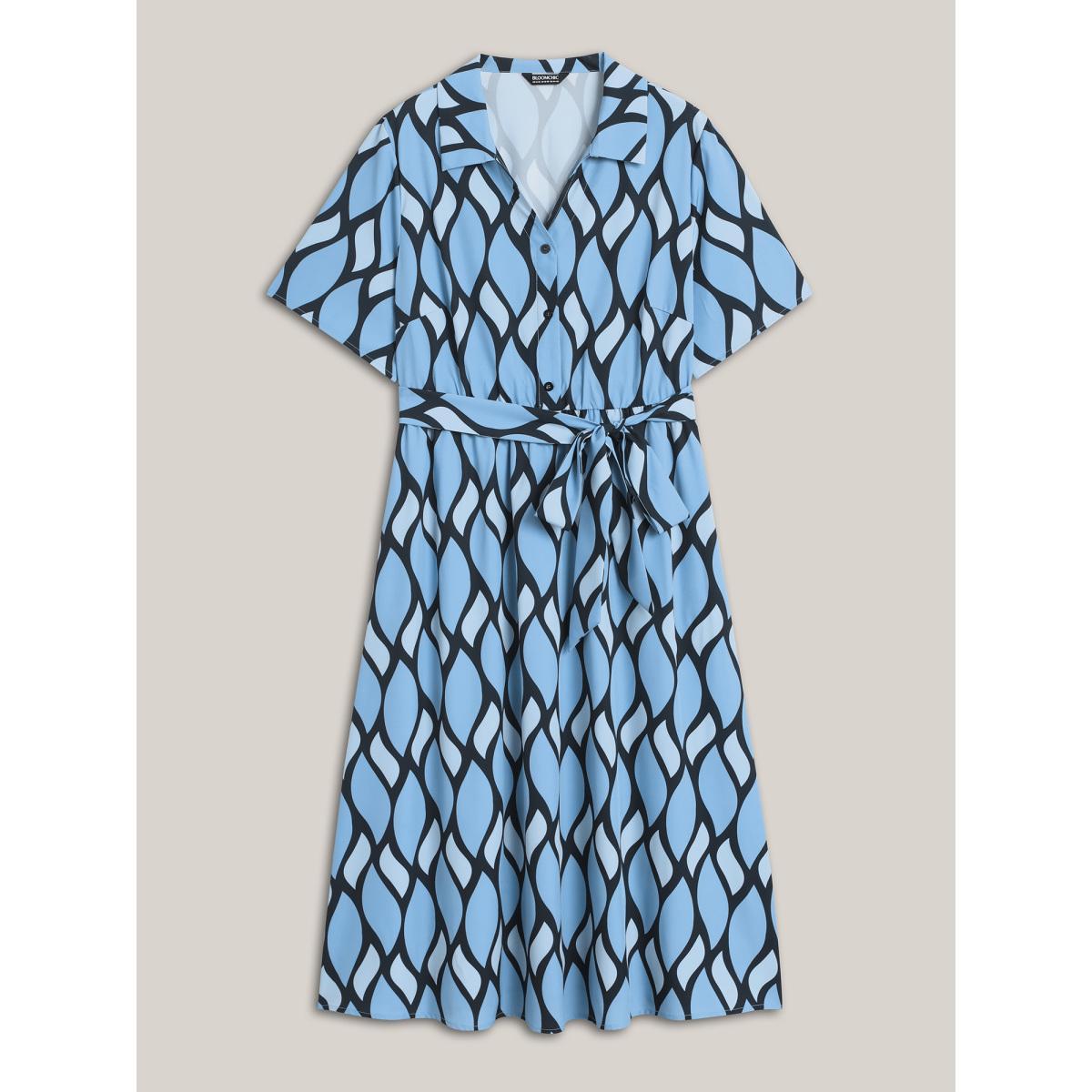 Plus Size Geometric Pattern Stretchy Waist Belted Midi Dress Multicolor Women Non Short sleeve Curvy BloomChic 28/5X Product Image