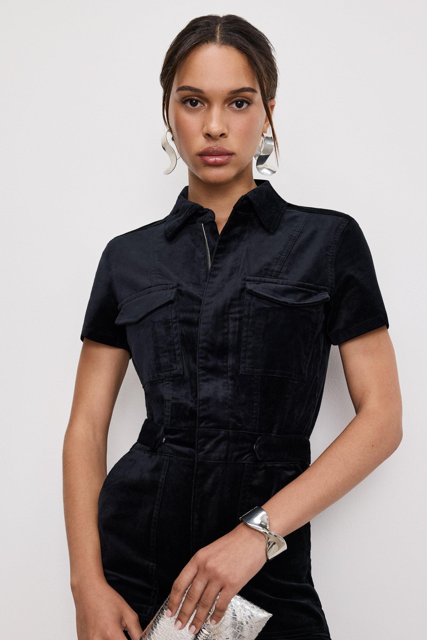 FIT FOR SUCCESS VELVET BOOTCUT JUMPSUIT | BLACK001 Product Image