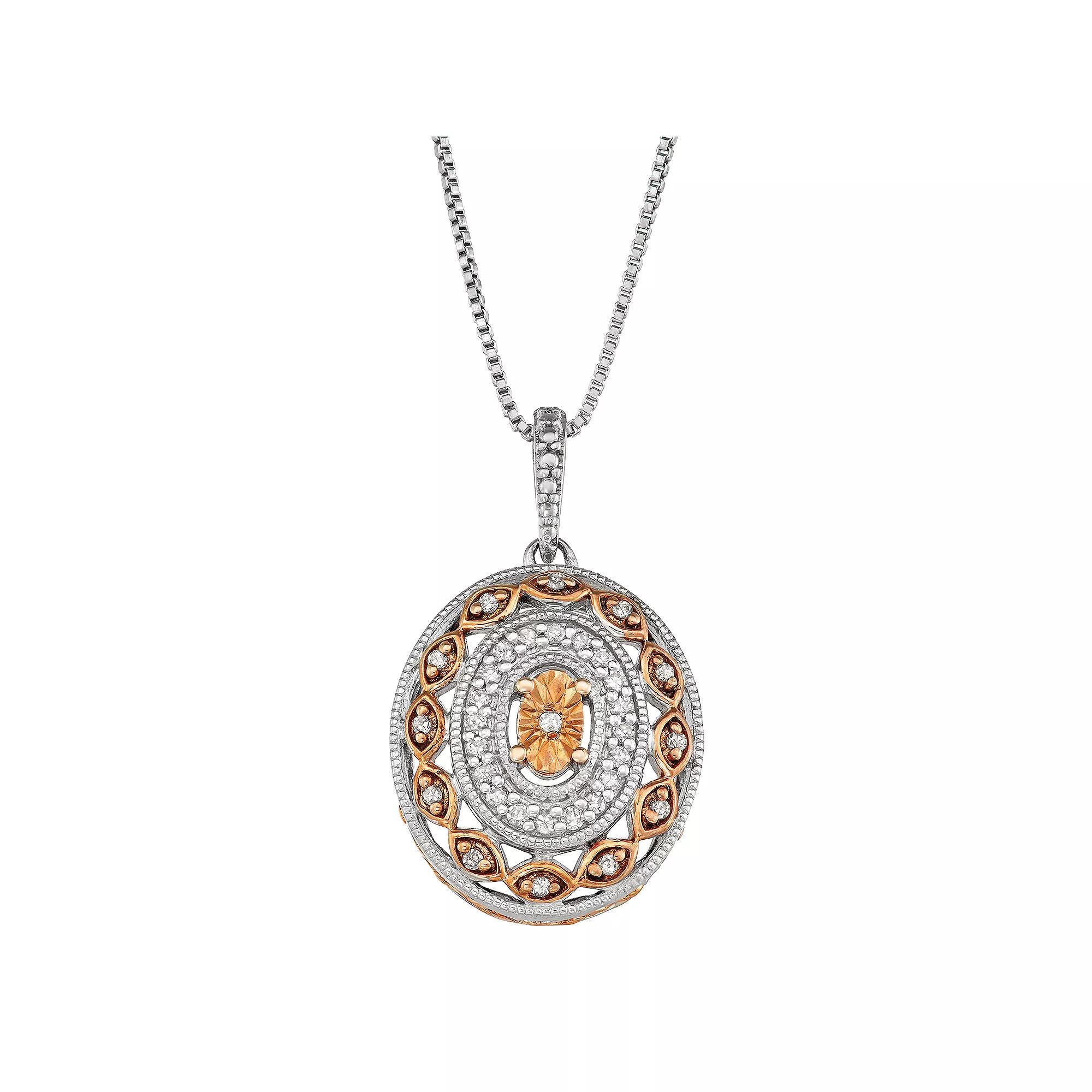 Two Tone Sterling Silver 1/6 Carat T.W. Diamond Oval Pendant Necklace, Women's, Size: 18", Pink Tone Product Image