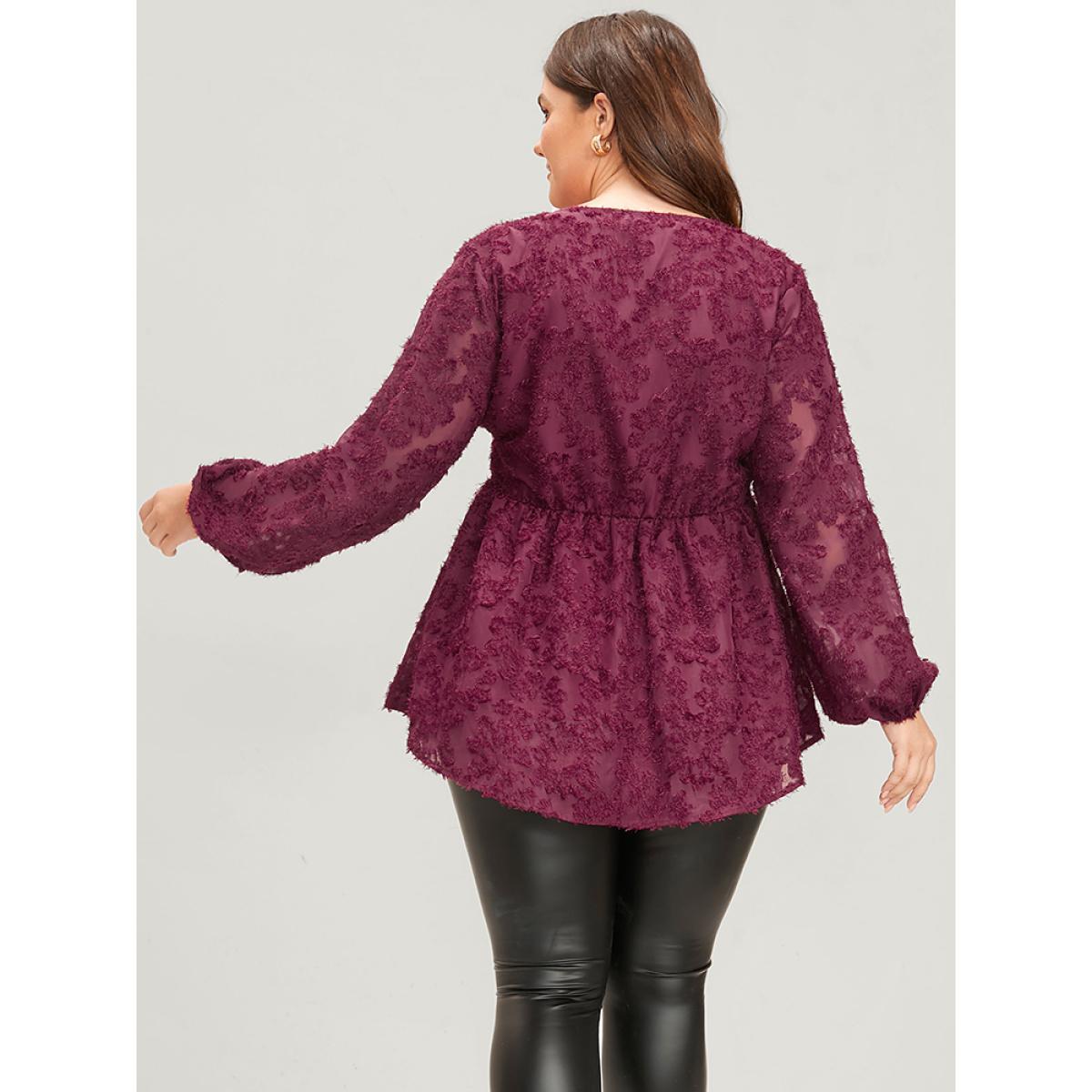Plus Size Burgundy Floral Textured Mesh Lantern Sleeve Twist Front Blouse Women Glamour Long Sleeve V-neck Going out Blouses BloomChic 30/6X Product Image