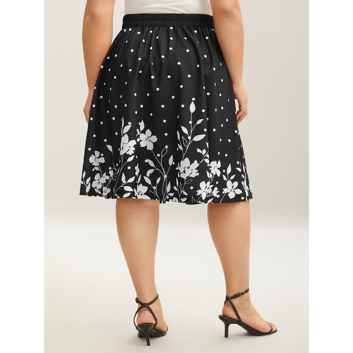 Plus Size Floral Print Pleated Midi Skirt Women BlackFlower Elegant Bodycon Low stretch Slanted pocket Everyday-Elegant Skirts BloomChic 30/6X Product Image